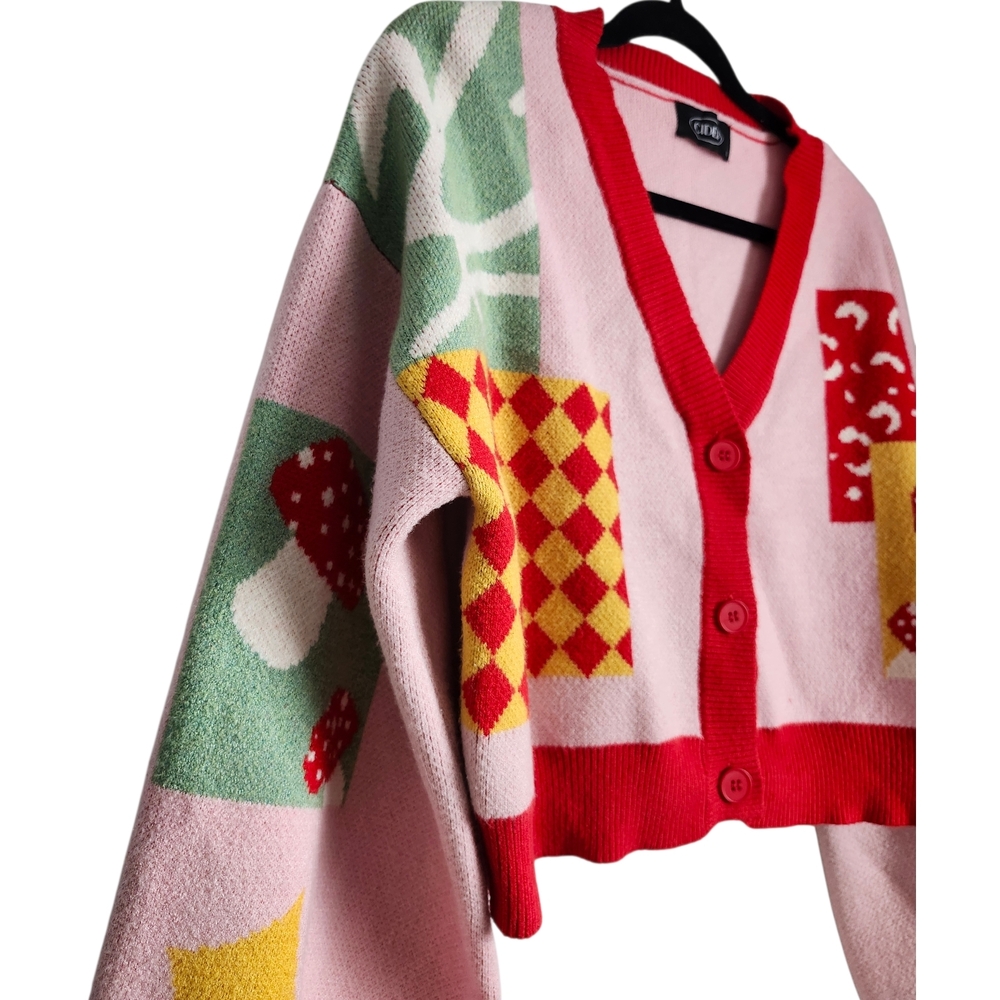 Cider Pink Red Multicolor Mushroom Patchwork Cardigan - Picture 3 of 6